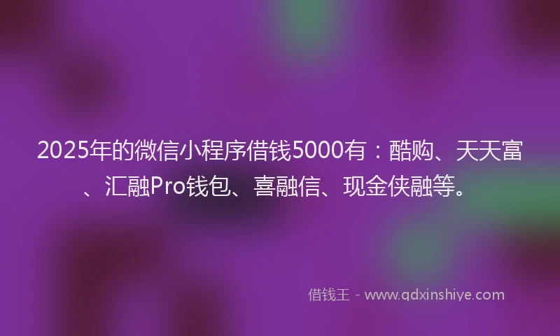 2025年的微信小程序借钱5000有：酷购、天天富、汇融Pro钱包、喜融信、现金侠融等。