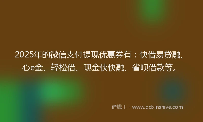 2025年的微信支付提现优惠券有：快借易贷融、心e金、轻松借、现金侠快融、省呗借款等。