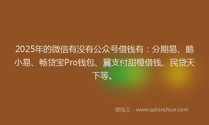 2025年的微信有没有公众号借钱有：分期易、鹅小易、畅贷宝Pro钱包、翼支付甜橙借钱、民贷天下等。