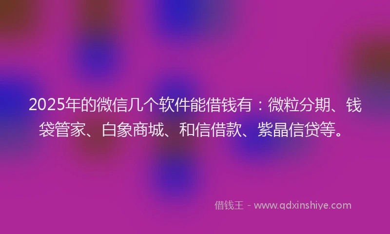 2025年的微信几个软件能借钱有：微粒分期、钱袋管家、白象商城、和信借款、紫晶信贷等。
