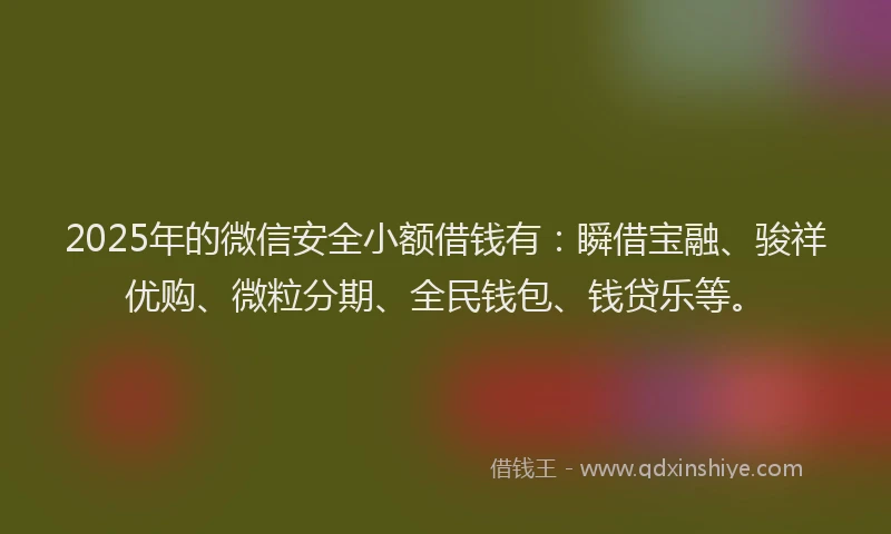 2025年的微信安全小额借钱有：瞬借宝融、骏祥优购、微粒分期、全民钱包、钱贷乐等。