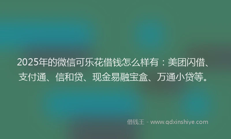 2025年的微信可乐花借钱怎么样有：美团闪借、支付通、信和贷、现金易融宝盒、万通小贷等。