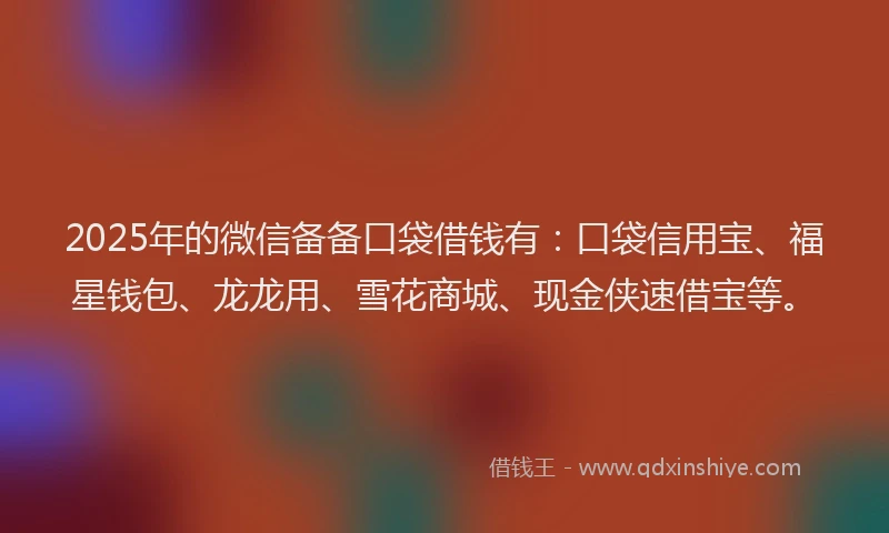 2025年的微信备备口袋借钱有：口袋信用宝、福星钱包、龙龙用、雪花商城、现金侠速借宝等。