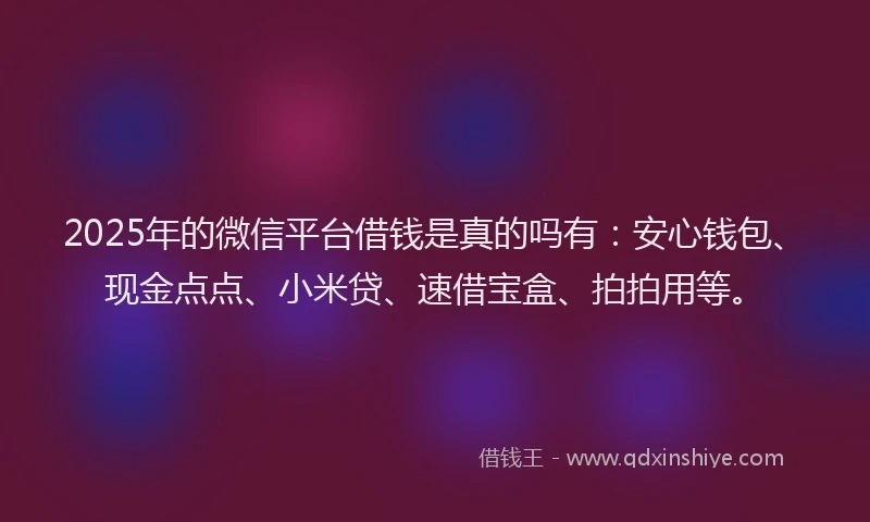 2025年的微信平台借钱是真的吗有：安心钱包、现金点点、小米贷、速借宝盒、拍拍用等。