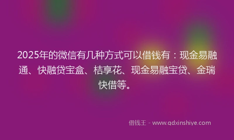 2025年的微信有几种方式可以借钱有：现金易融通、快融贷宝盒、桔享花、现金易融宝贷、金瑞快借等。