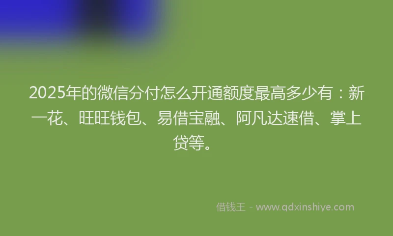 2025年的微信分付怎么开通额度最高多少有：新一花、旺旺钱包、易借宝融、阿凡达速借、掌上贷等。