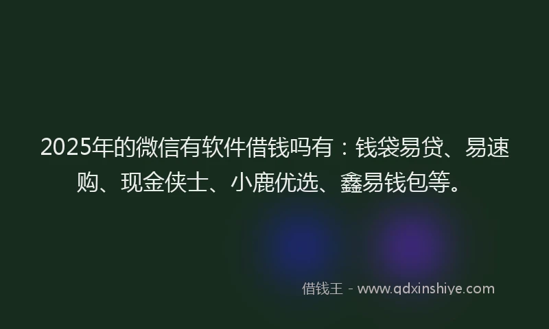 2025年的微信有软件借钱吗有：钱袋易贷、易速购、现金侠士、小鹿优选、鑫易钱包等。