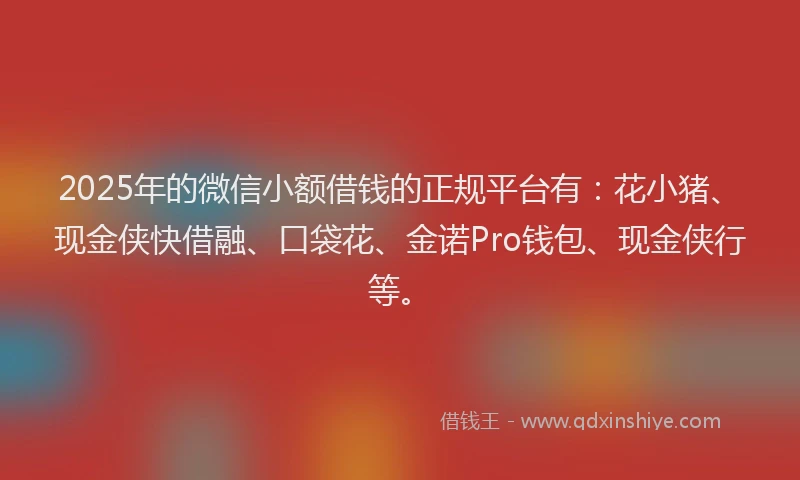 2025年的微信小额借钱的正规平台有：花小猪、现金侠快借融、口袋花、金诺Pro钱包、现金侠行等。