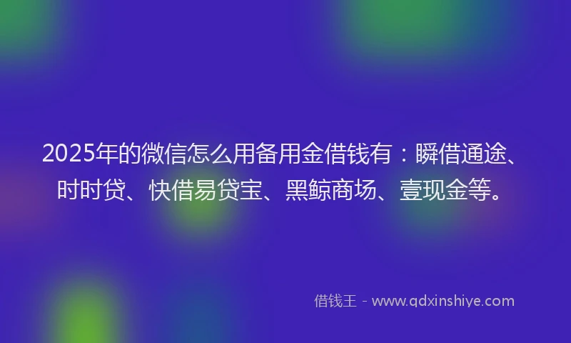 2025年的微信怎么用备用金借钱有：瞬借通途、时时贷、快借易贷宝、黑鲸商场、壹现金等。