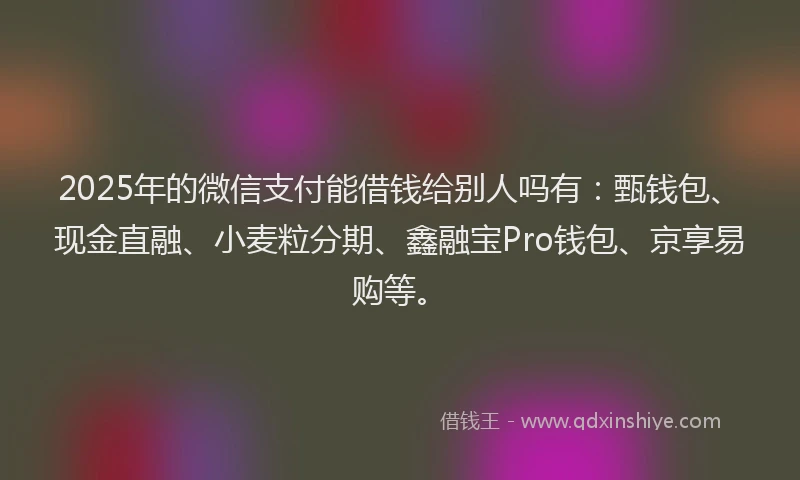 2025年的微信支付能借钱给别人吗有：甄钱包、现金直融、小麦粒分期、鑫融宝Pro钱包、京享易购等。