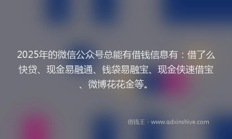 2025年的微信公众号总能有借钱信息有：借了么快贷、现金易融通、钱袋易融宝、现金侠速借宝、微博花花金等。