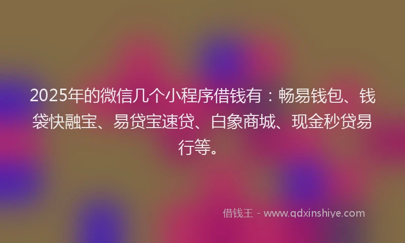 2025年的微信几个小程序借钱有：畅易钱包、钱袋快融宝、易贷宝速贷、白象商城、现金秒贷易行等。