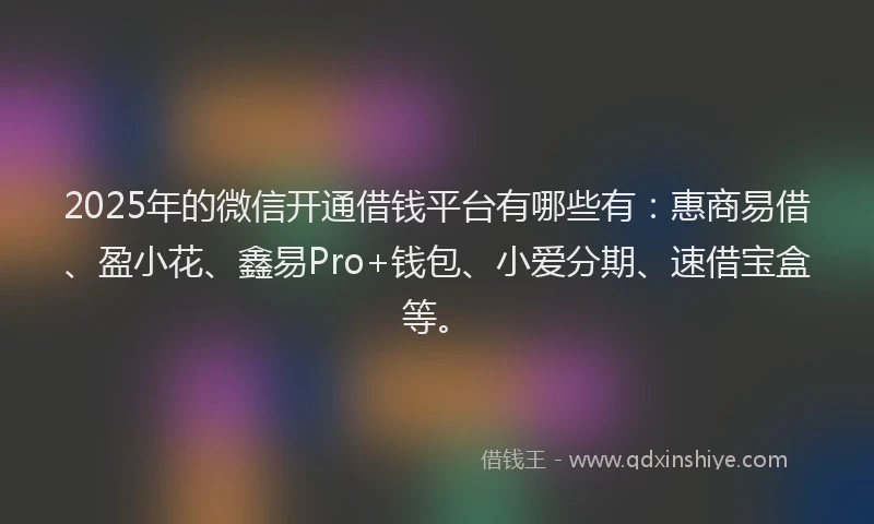 2025年的微信开通借钱平台有哪些有：惠商易借、盈小花、鑫易Pro+钱包、小爱分期、速借宝盒等。