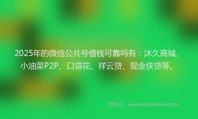 2025年的微信公共号借钱可靠吗有：沐久商城、小油菜P2P、口袋花、祥云贷、现金侠贷等。