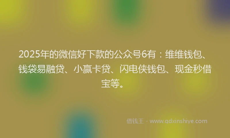 2025年的微信好下款的公众号6有：维维钱包、钱袋易融贷、小赢卡贷、闪电侠钱包、现金秒借宝等。