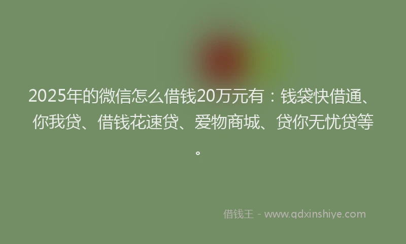 2025年的微信怎么借钱20万元有：钱袋快借通、你我贷、借钱花速贷、爱物商城、贷你无忧贷等。
