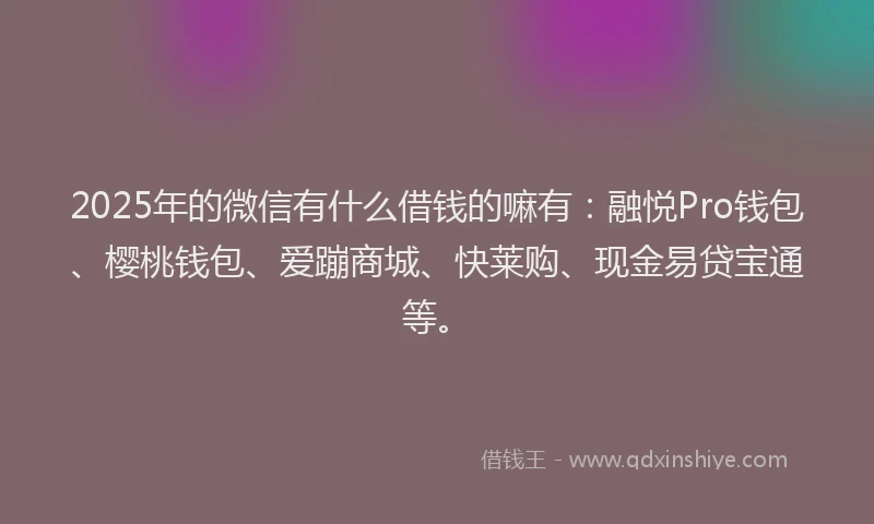 2025年的微信有什么借钱的嘛有：融悦Pro钱包、樱桃钱包、爱蹦商城、快莱购、现金易贷宝通等。