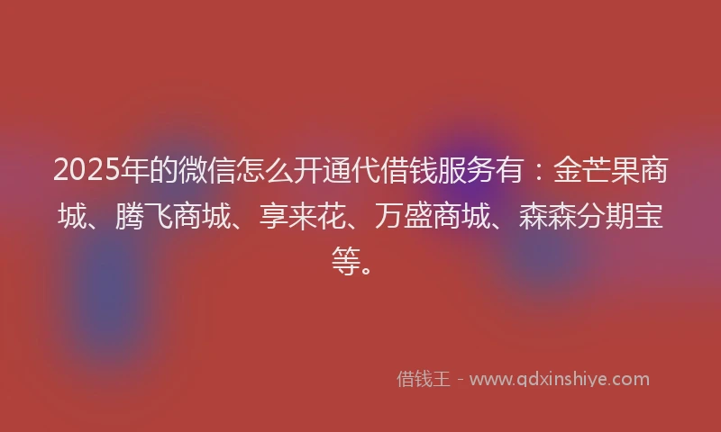 2025年的微信怎么开通代借钱服务有：金芒果商城、腾飞商城、享来花、万盛商城、森森分期宝等。