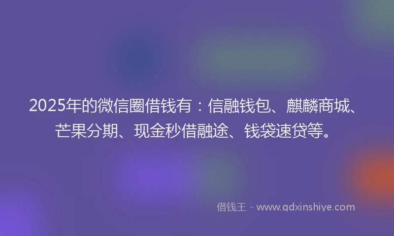 2025年的微信圈借钱有：信融钱包、麒麟商城、芒果分期、现金秒借融途、钱袋速贷等。