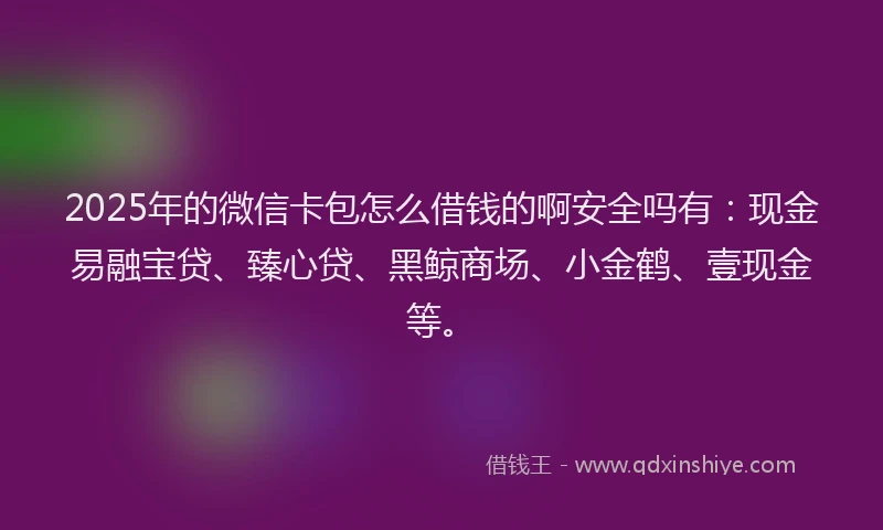 2025年的微信卡包怎么借钱的啊安全吗有：现金易融宝贷、臻心贷、黑鲸商场、小金鹤、壹现金等。