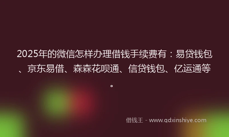 2025年的微信怎样办理借钱手续费有：易贷钱包、京东易借、森森花呗通、信贷钱包、亿运通等。
