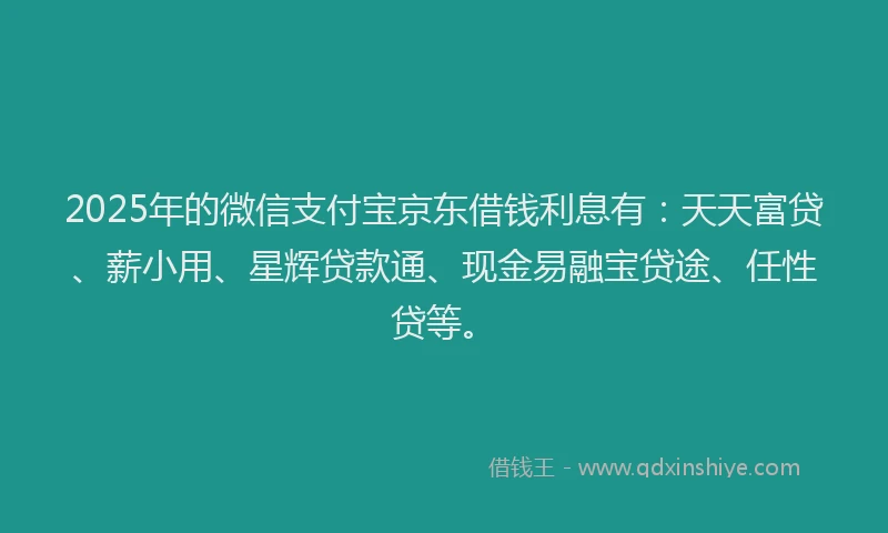 2025年的微信支付宝京东借钱利息有：天天富贷、薪小用、星辉贷款通、现金易融宝贷途、任性贷等。