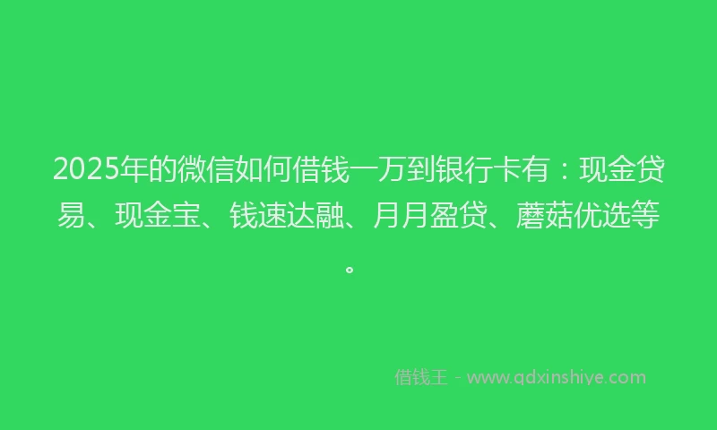 2025年的微信如何借钱一万到银行卡有：现金贷易、现金宝、钱速达融、月月盈贷、蘑菇优选等。