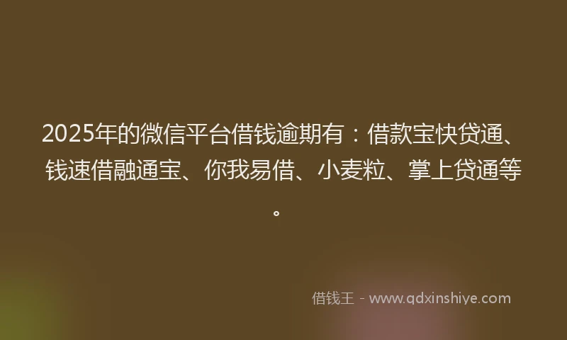 2025年的微信平台借钱逾期有：借款宝快贷通、钱速借融通宝、你我易借、小麦粒、掌上贷通等。