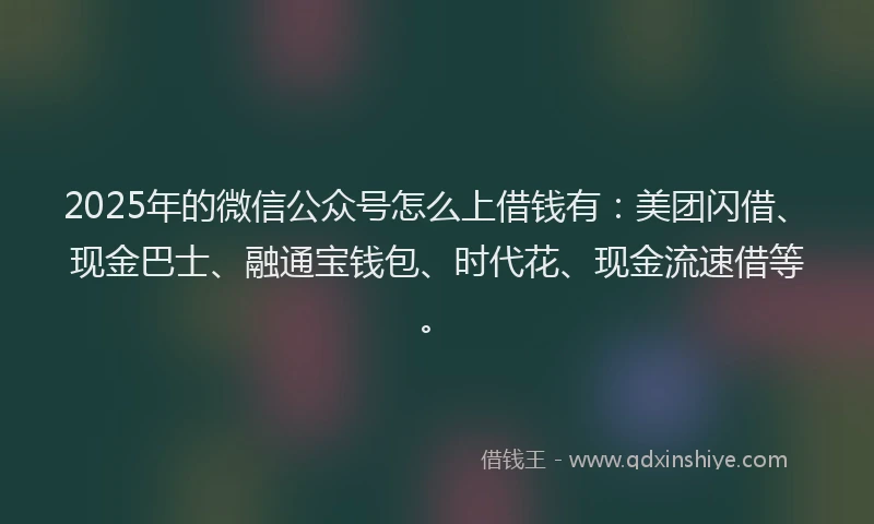 2025年的微信公众号怎么上借钱有：美团闪借、现金巴士、融通宝钱包、时代花、现金流速借等。
