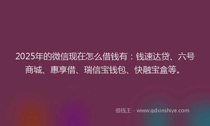 2025年的微信现在怎么借钱有：钱速达贷、六号商城、惠享借、瑞信宝钱包、快融宝盒等。