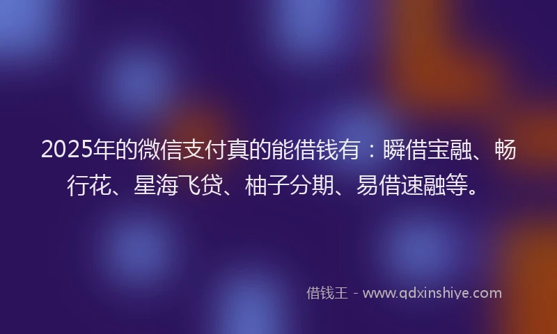 2025年的微信支付真的能借钱有：瞬借宝融、畅行花、星海飞贷、柚子分期、易借速融等。