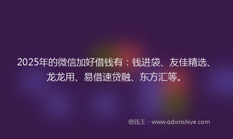 2025年的微信加好借钱有：钱进袋、友佳精选、龙龙用、易借速贷融、东方汇等。
