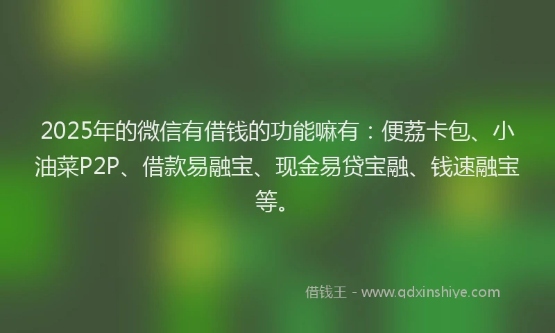 2025年的微信有借钱的功能嘛有：便荔卡包、小油菜P2P、借款易融宝、现金易贷宝融、钱速融宝等。