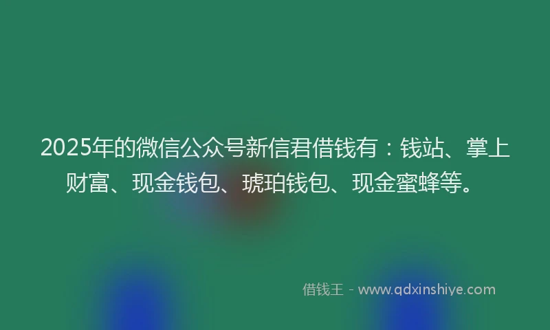 2025年的微信公众号新信君借钱有：钱站、掌上财富、现金钱包、琥珀钱包、现金蜜蜂等。