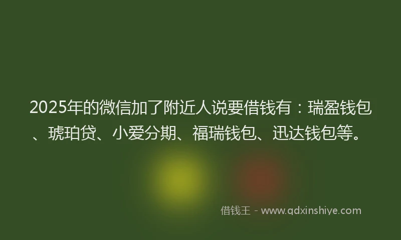 2025年的微信加了附近人说要借钱有：瑞盈钱包、琥珀贷、小爱分期、福瑞钱包、迅达钱包等。