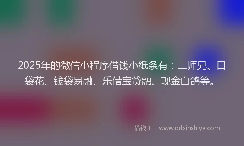 2025年的微信小程序借钱小纸条有：二师兄、口袋花、钱袋易融、乐借宝贷融、现金白鸽等。