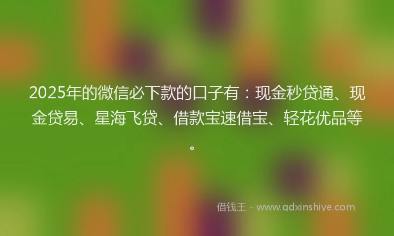 2025年的微信必下款的口子有：现金秒贷通、现金贷易、星海飞贷、借款宝速借宝、轻花优品等。