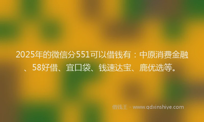 2025年的微信分551可以借钱有：中原消费金融、58好借、宜口袋、钱速达宝、鹿优选等。