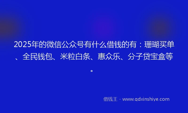 2025年的微信公众号有什么借钱的有：珊瑚买单、全民钱包、米粒白条、惠众乐、分子贷宝盒等。