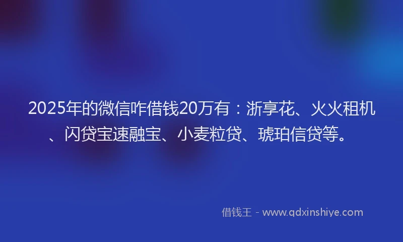 2025年的微信咋借钱20万有：浙享花、火火租机、闪贷宝速融宝、小麦粒贷、琥珀信贷等。
