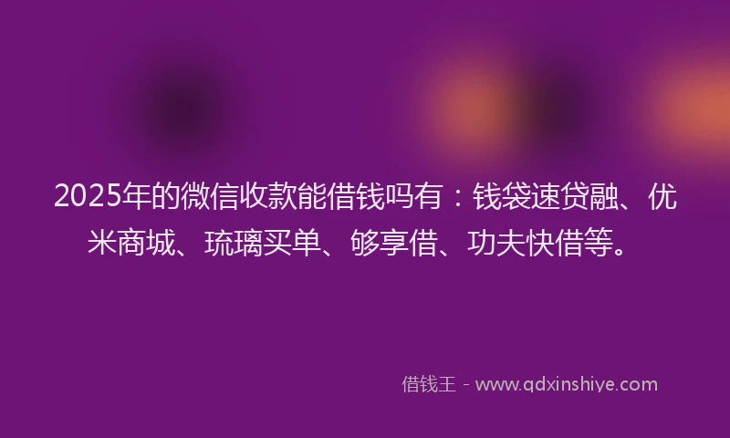 2025年的微信收款能借钱吗有：钱袋速贷融、优米商城、琉璃买单、够享借、功夫快借等。