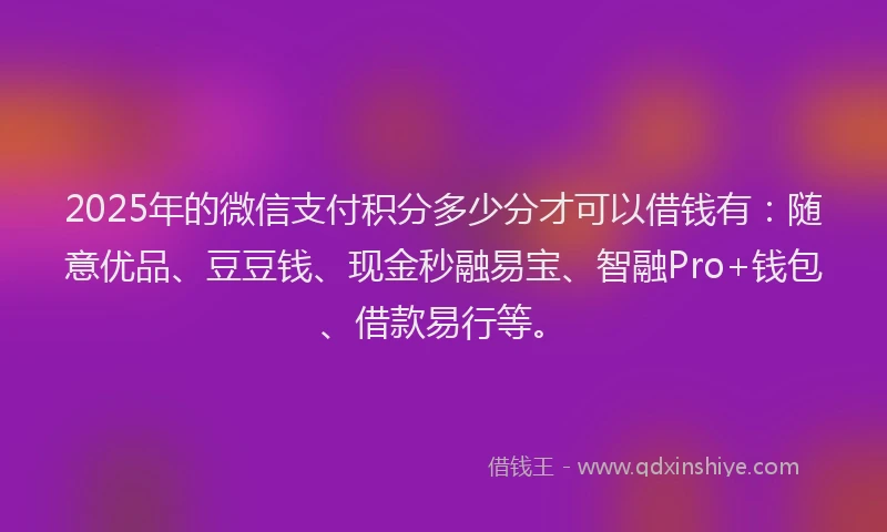 2025年的微信支付积分多少分才可以借钱有：随意优品、豆豆钱、现金秒融易宝、智融Pro+钱包、借款易行等。