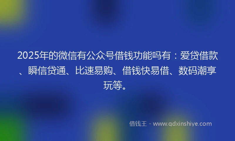 2025年的微信有公众号借钱功能吗有：爱贷借款、瞬信贷通、比速易购、借钱快易借、数码潮享玩等。