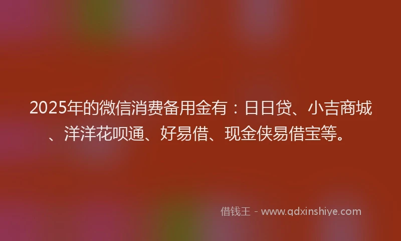 2025年的微信消费备用金有：日日贷、小吉商城、洋洋花呗通、好易借、现金侠易借宝等。