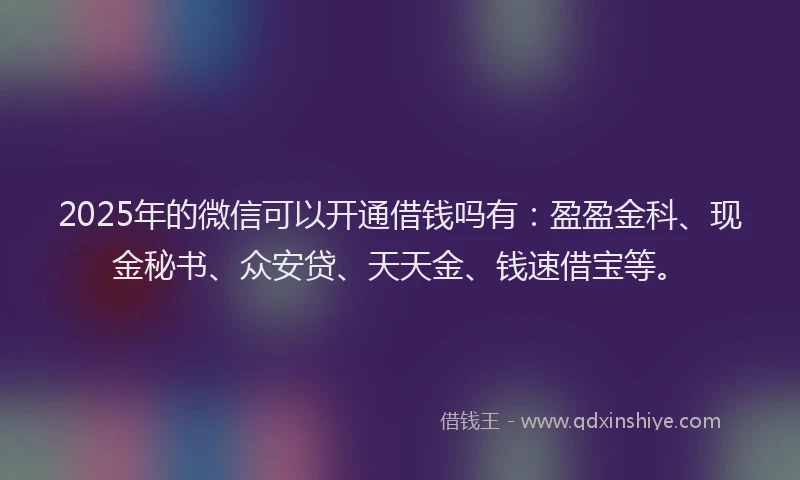 2025年的微信可以开通借钱吗有：盈盈金科、现金秘书、众安贷、天天金、钱速借宝等。