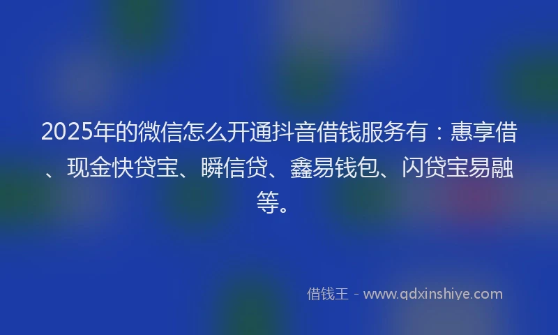 2025年的微信怎么开通抖音借钱服务有：惠享借、现金快贷宝、瞬信贷、鑫易钱包、闪贷宝易融等。