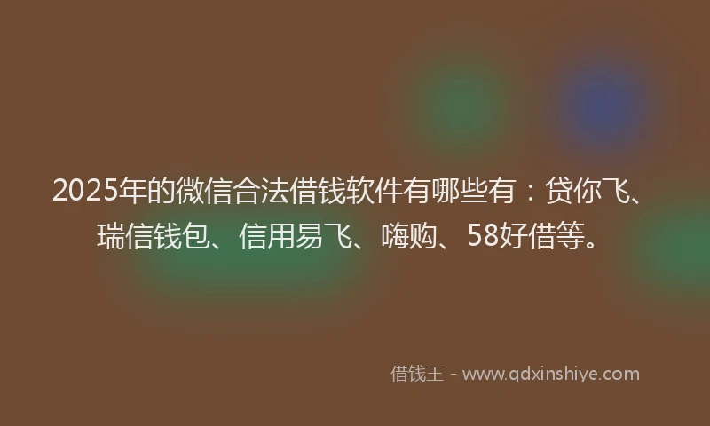 2025年的微信合法借钱软件有哪些有：贷你飞、瑞信钱包、信用易飞、嗨购、58好借等。
