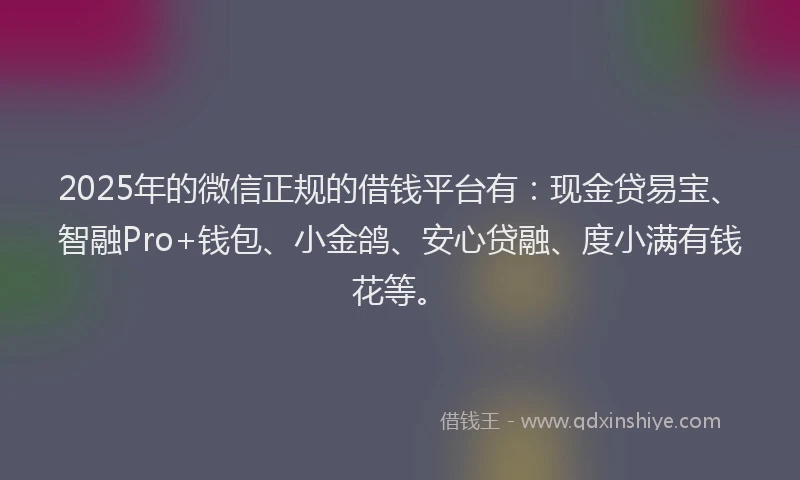 2025年的微信正规的借钱平台有：现金贷易宝、智融Pro+钱包、小金鸽、安心贷融、度小满有钱花等。