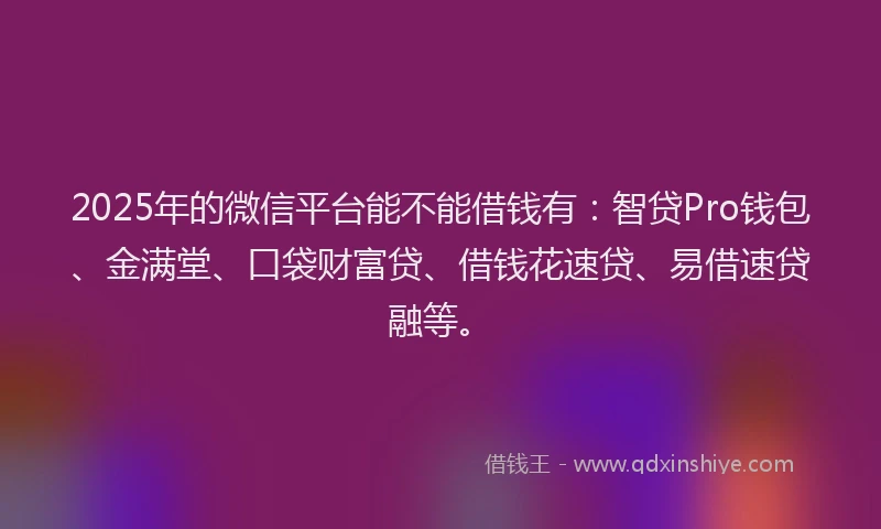 2025年的微信平台能不能借钱有：智贷Pro钱包、金满堂、口袋财富贷、借钱花速贷、易借速贷融等。