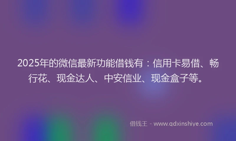 2025年的微信最新功能借钱有：信用卡易借、畅行花、现金达人、中安信业、现金盒子等。